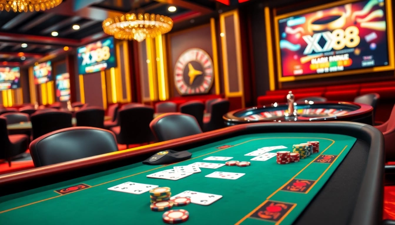 Experience thrilling games at nhà cái X88 with vibrant poker tables and spinning roulette wheels.