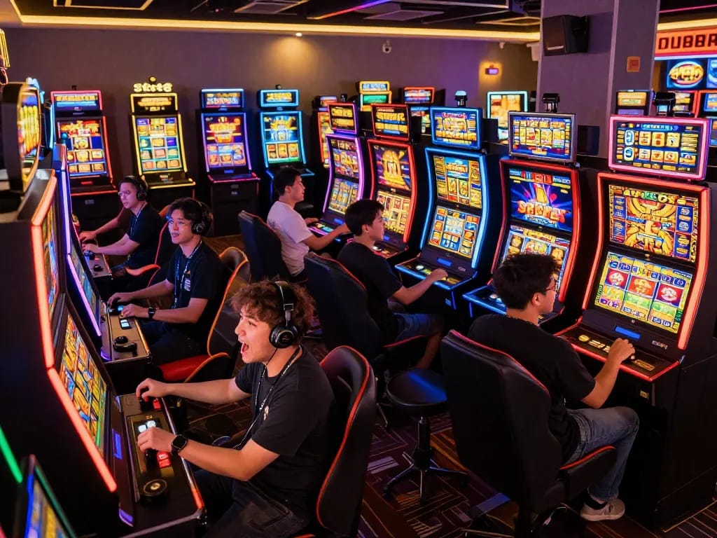 Players enjoying Slot88 machines in a lively casino environment, showcasing vibrant games.