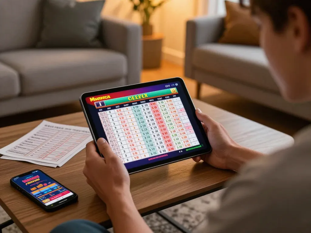 yowesjp daftar showcasing live lottery results on a tablet in a cozy home setting