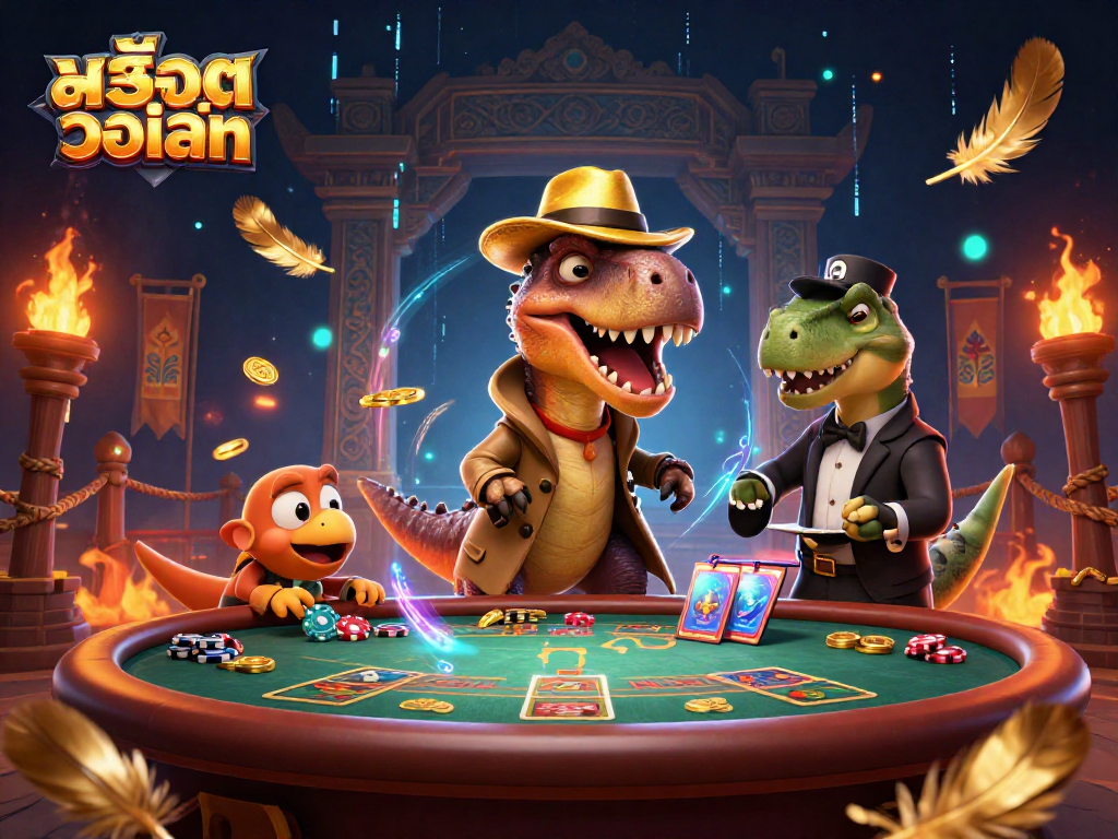 Experience the excitement of สล็อตวอเลท with a velociraptor card counter and stegosaurus pit boss in a dynamic casino scene.