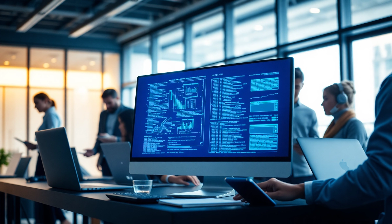 Visualizing AI Software development with a diverse team collaborating on advanced projects.