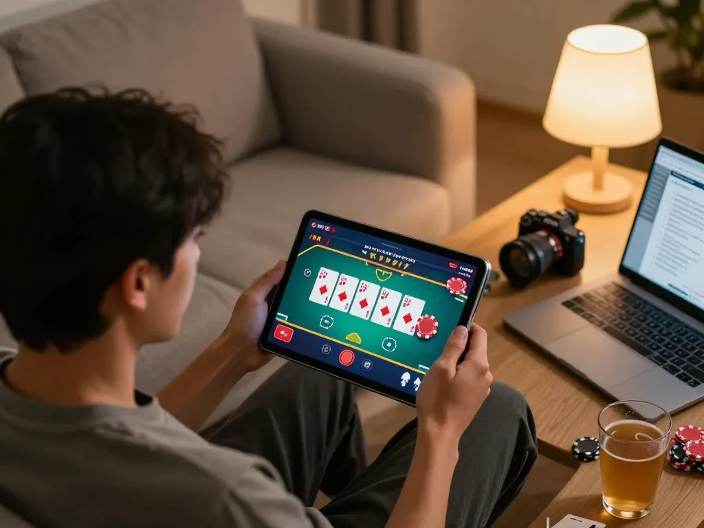 FAFA828 player engaged in immersive poker game on tablet in cozy home setting