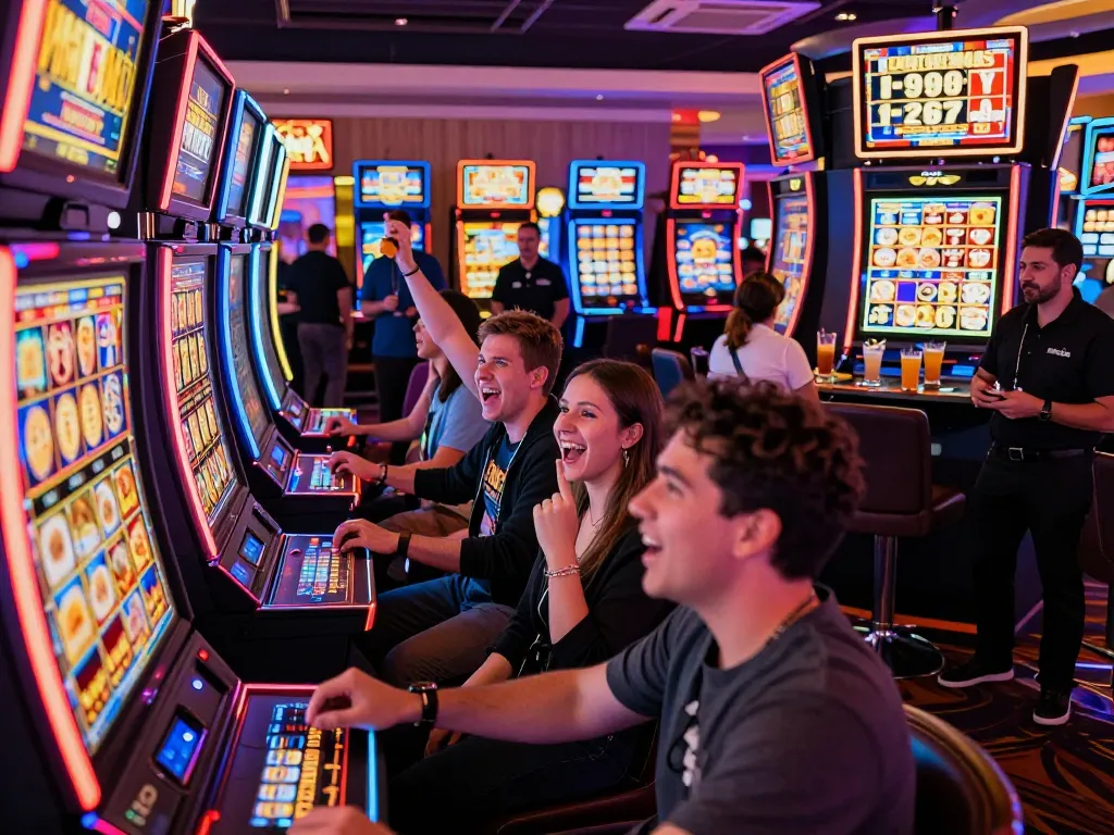 Excited players celebrating a jackpot win at a link slot machine in a vibrant casino atmosphere.