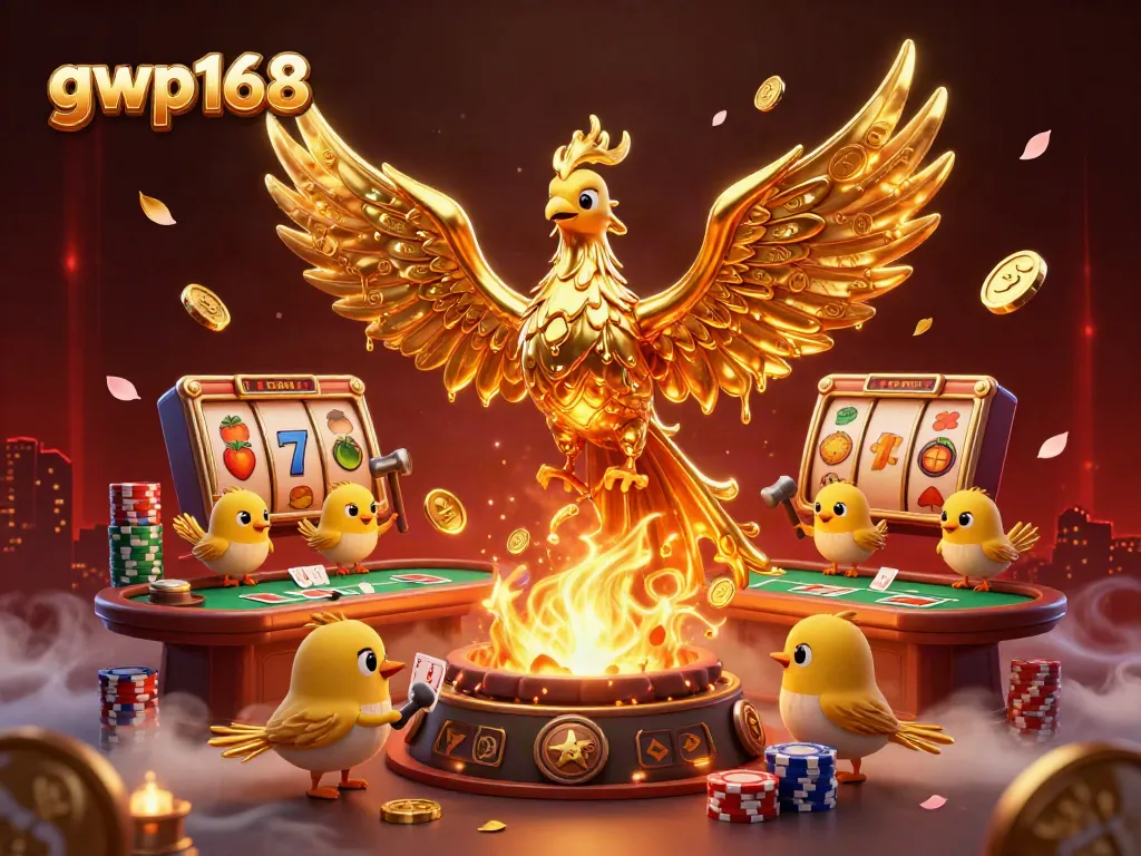 Menggandakan kemenangan di gwp168, dengan phoenix emas dan elemen slot dalam ilustrasi 3D memukau.