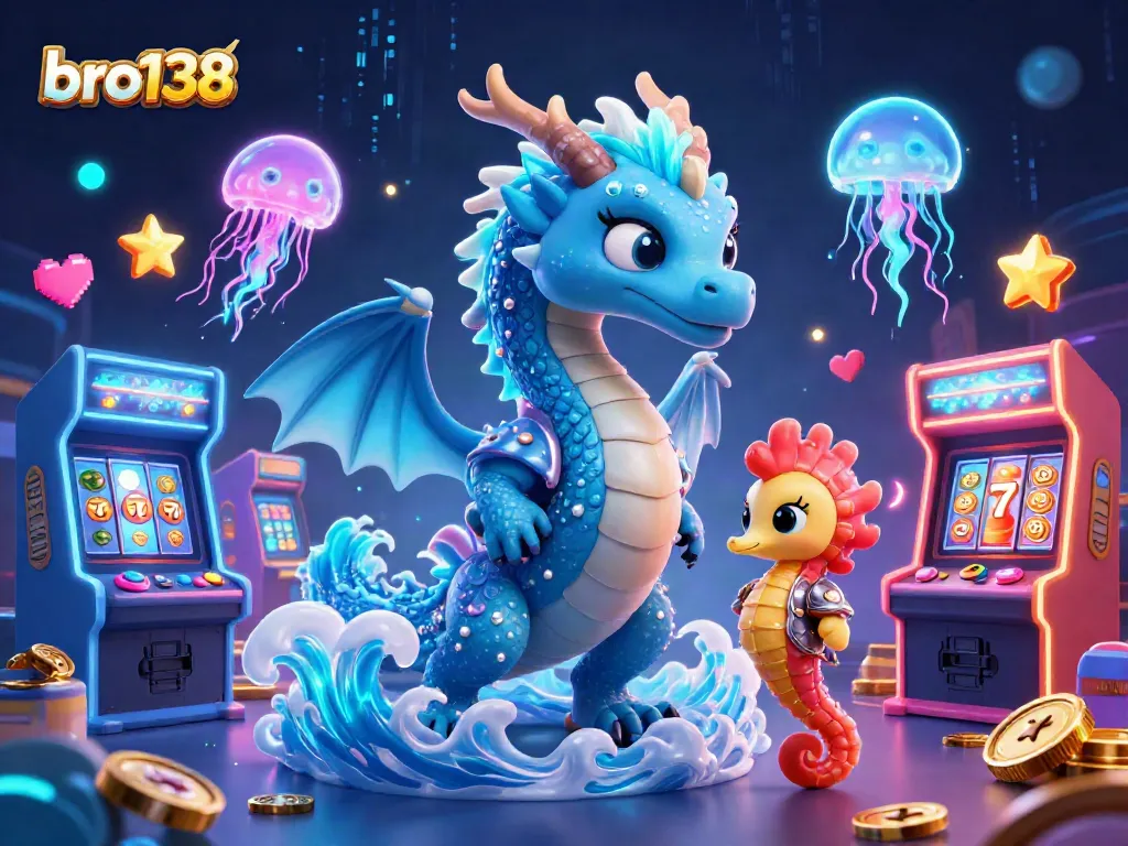 Catch exciting winnings with bro138 as neon dragons and knights surround engaging slot games.