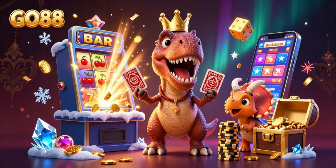Experience vibrant GO88 gaming; a T-Rex shuffles cards while treasures explode in a lively 3D casino scene.