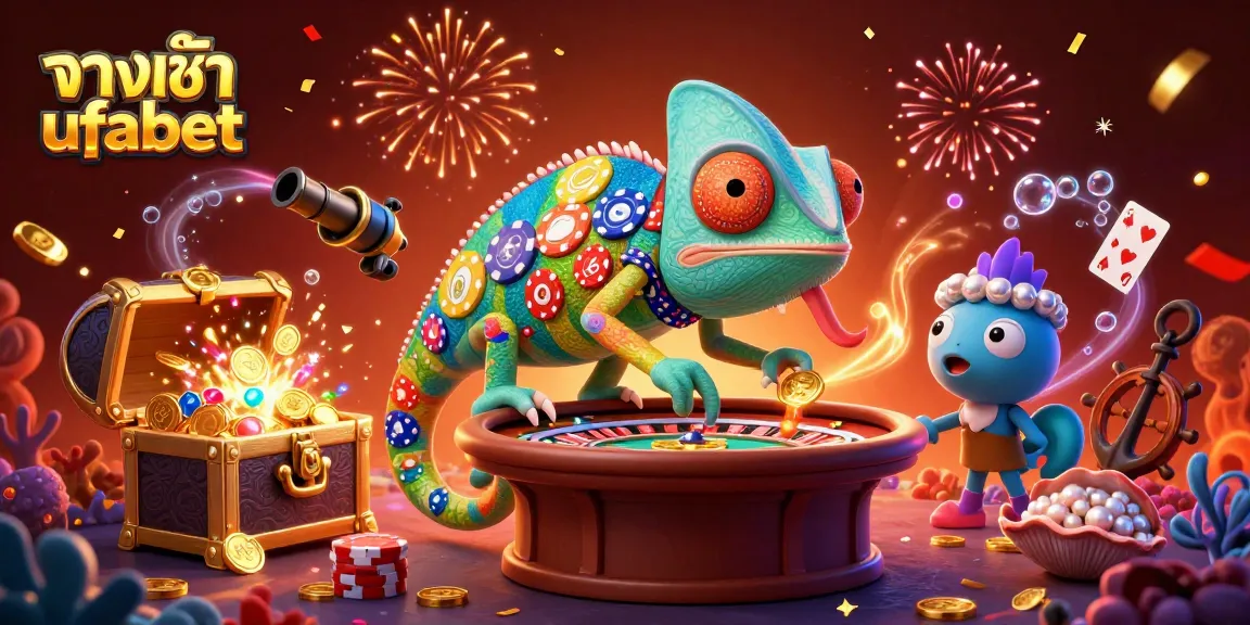 Engage with ทางเข้า ufabet featuring a colorful chameleon casino owner collecting golden coins amidst a vibrant gaming playground.
