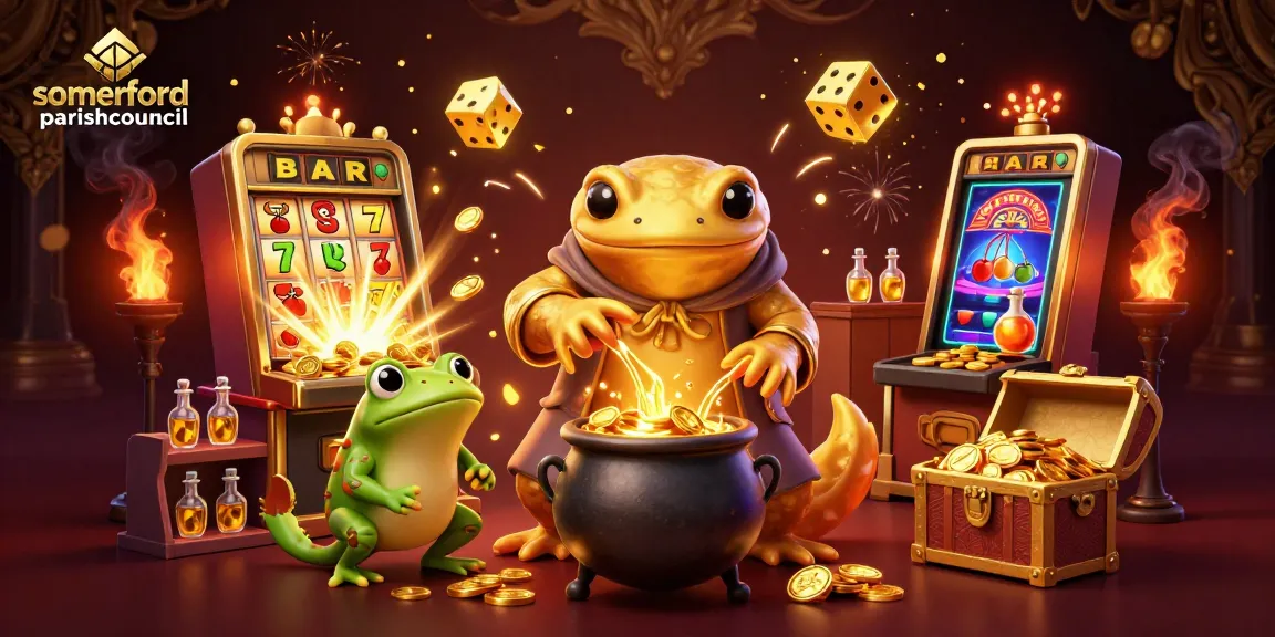Engage at somerfordparishcouncil: stunning 3D illustration of casino alchemy with golden elixirs and slot jackpots.