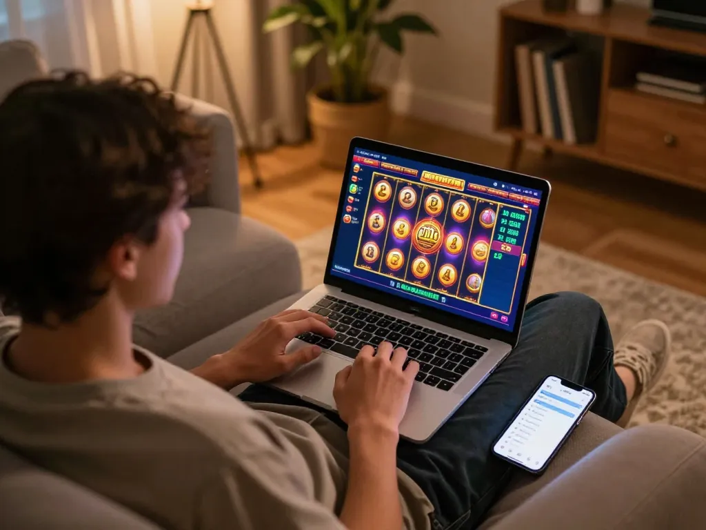 Engaging with slot gacor hari ini on a laptop in a cozy home setting, showcasing responsible betting.