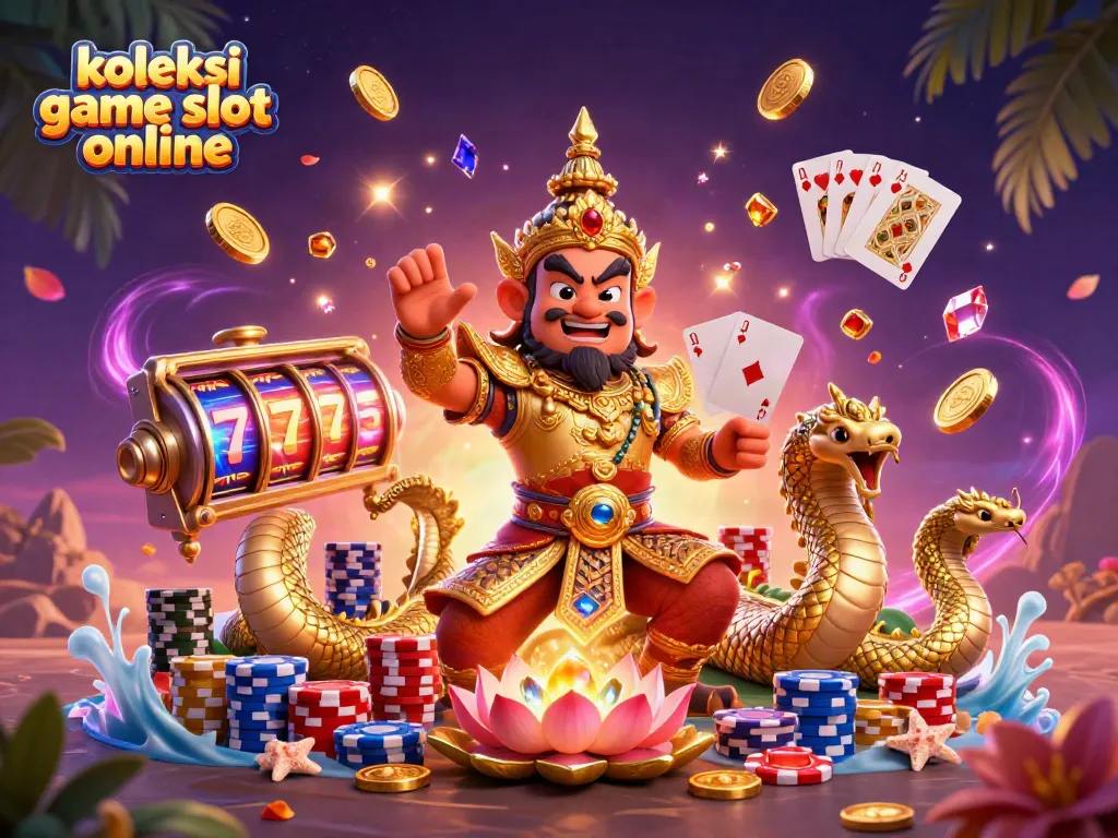 Koleksi game slot online dengan dewa penjaga dan naga bersinar dikelilingi koin emas.