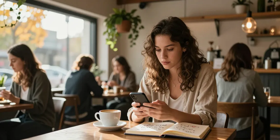 Young woman in a café pondering her crush on someone, with notes and coffee.