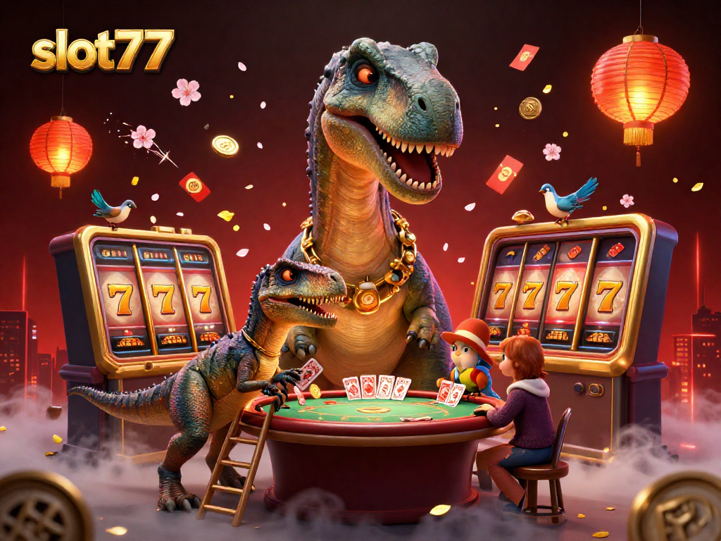 Slot77 features a brontosaurus in a casino dealing cards, surrounded by colorful slot game elements and festive decor.