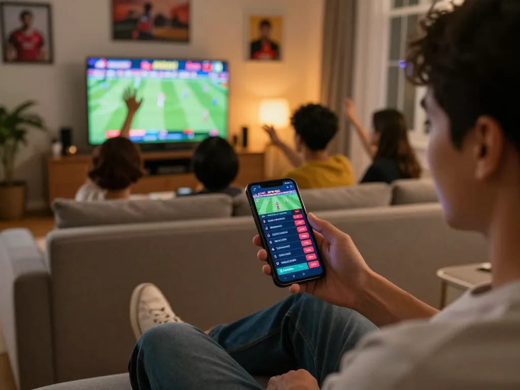 Betting on nk88 win through a smartphone in a cozy living room during a live game.