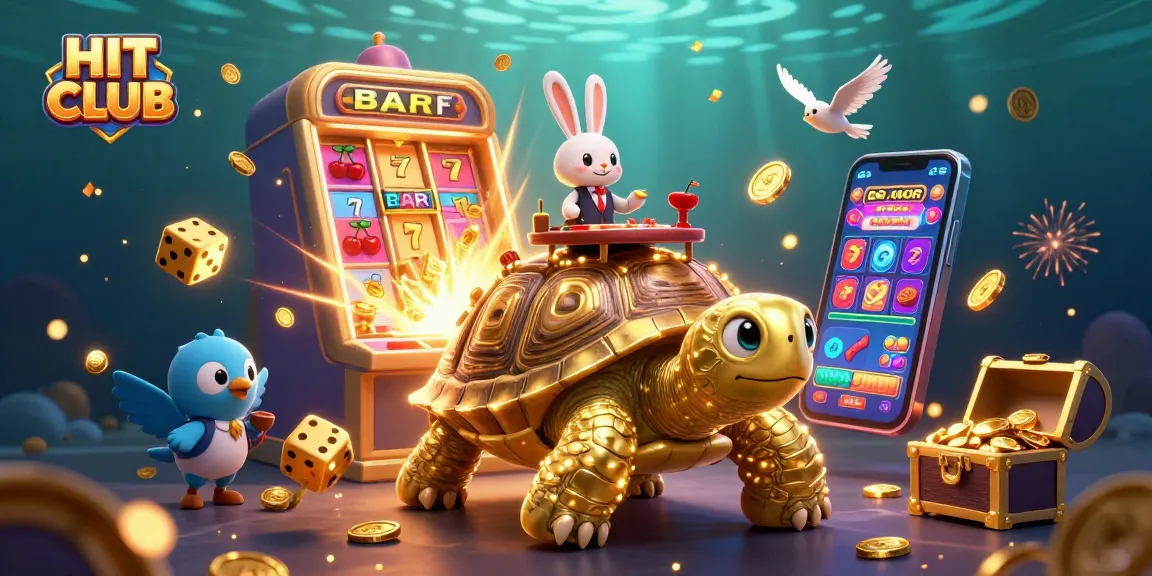 Hit CLUB showcases a thrilling casino scene with a golden tortoise and jackpot explosions.