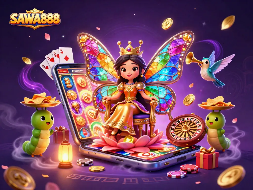 SAWA888 engages players with vibrant slots and casino themes in a dynamic 3D illustration.