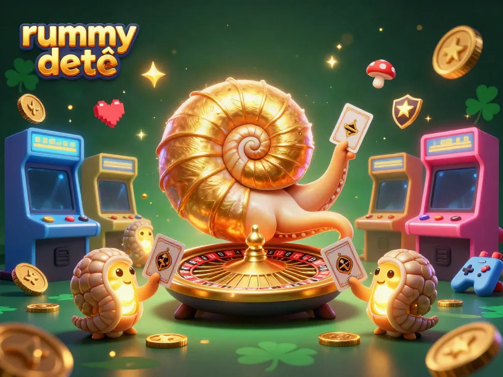 Rummy deity: Nautilus raksasa dengan cangkang roulette memegang kartu, dikelilingi mesin arcade berwarna.