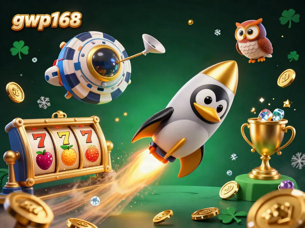 Menggoda pemain dengan slot jackpot di gwp168, penguin emas meluncur di luar angkasa.