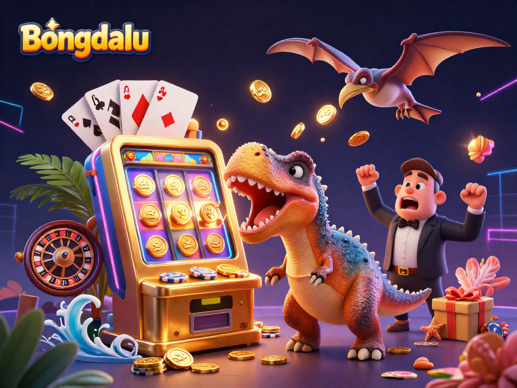 Bongdalu features rich 3D elements, showcasing a pachycephalosaurus hitting a slot machine for golden coins.