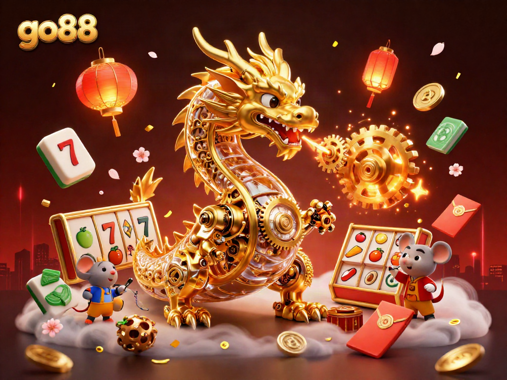 Experience the thrill of go88 slots with a vibrant casino scene filled with golden elements and festive symbols.