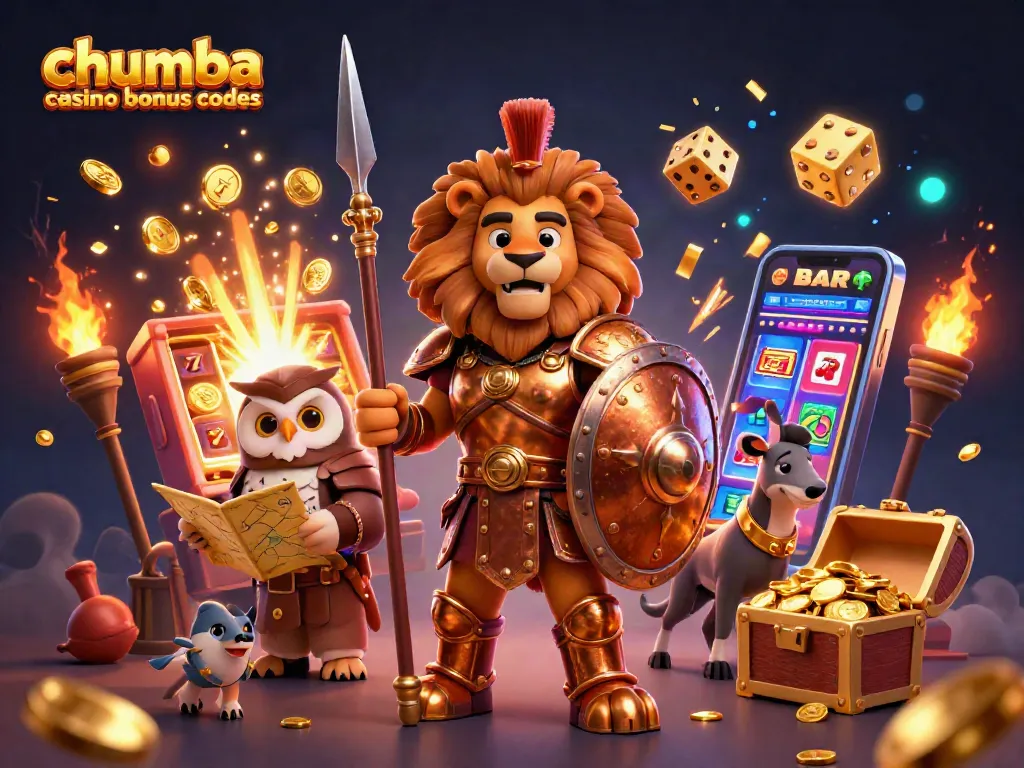 Experience the excitement of Chumba Casino bonus codes with a vibrant 3D casino scene featuring iconic characters and gaming symbols.