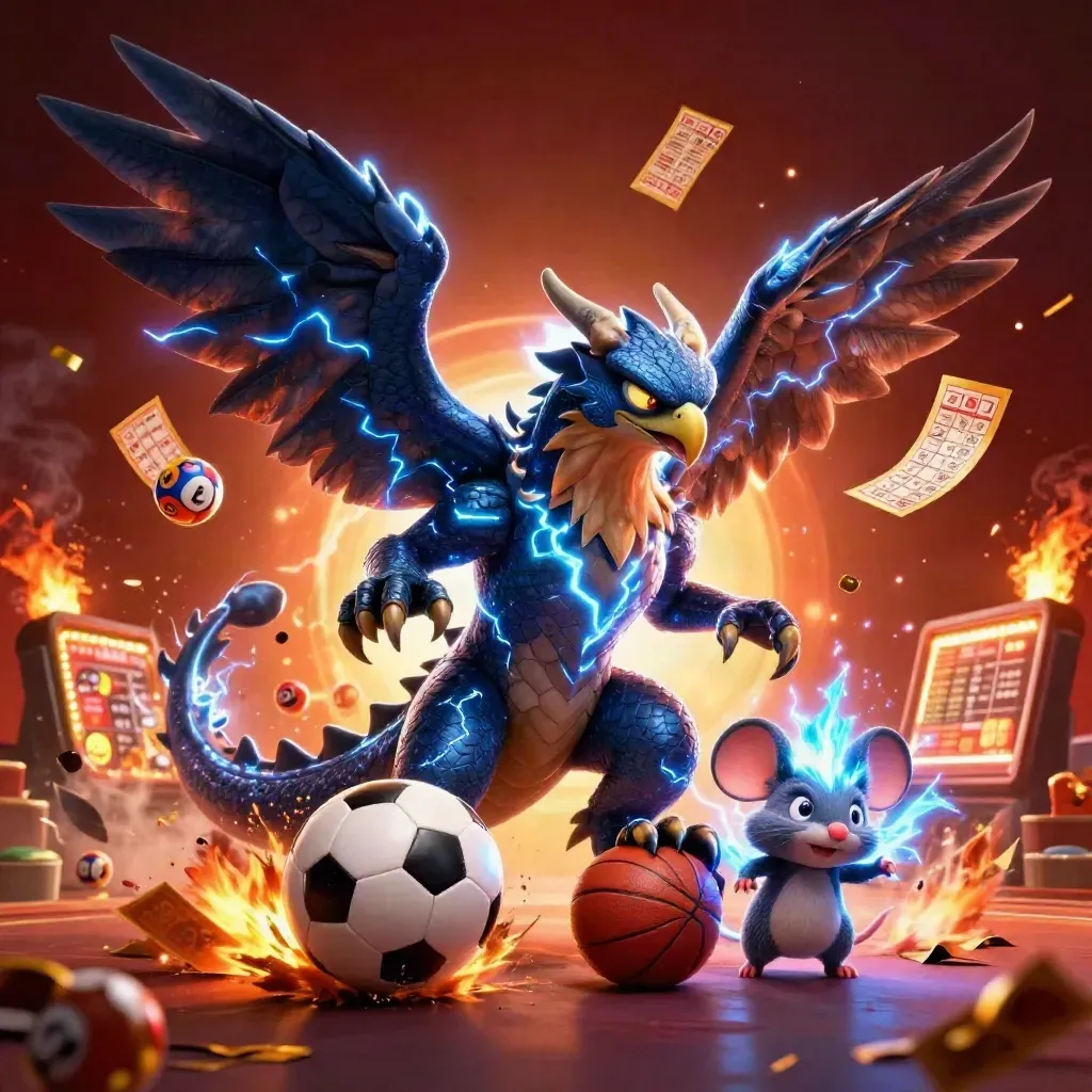 Thunder dragon, hawk, and mouse amid casino balls, prize wheel, tickets, and sports gear.