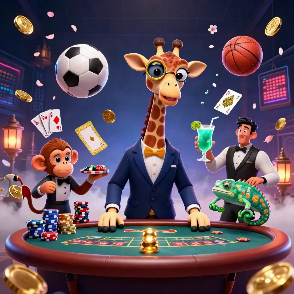 High-roller animals at a neon casino table amid flying chips, balls, and gold.
