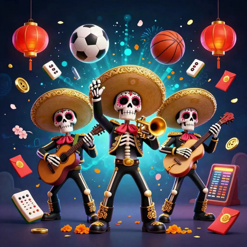 Skeleton mariachi trio amid flying balls, coins, lanterns, and casino sparks under neon lights.
