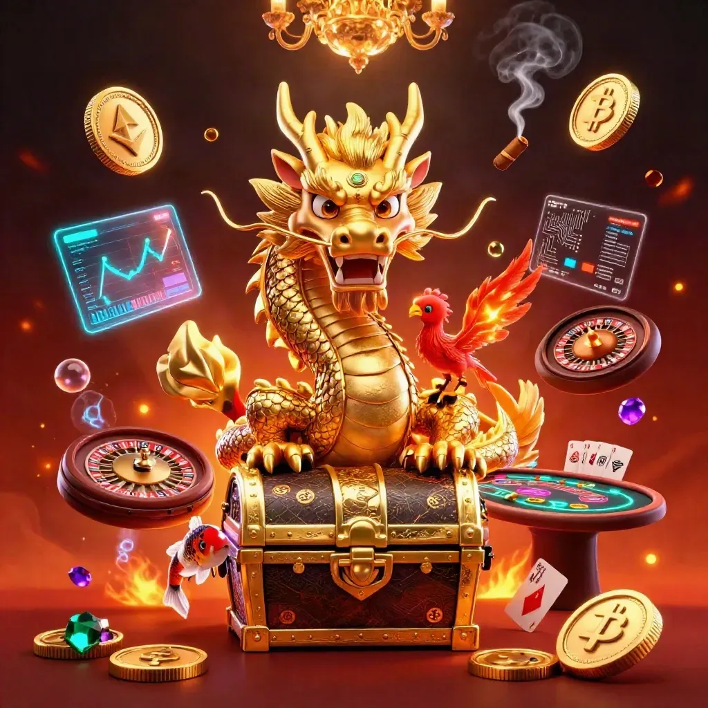 Golden dragon with phoenix and koi in a luxe casino scene with coins, neon crypto, and glowing effects.
