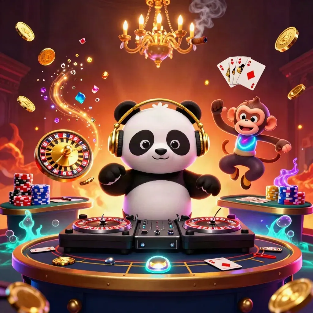 DJ panda, monkey, and kitten amid casino lights, coins, chips, and roulette energy.