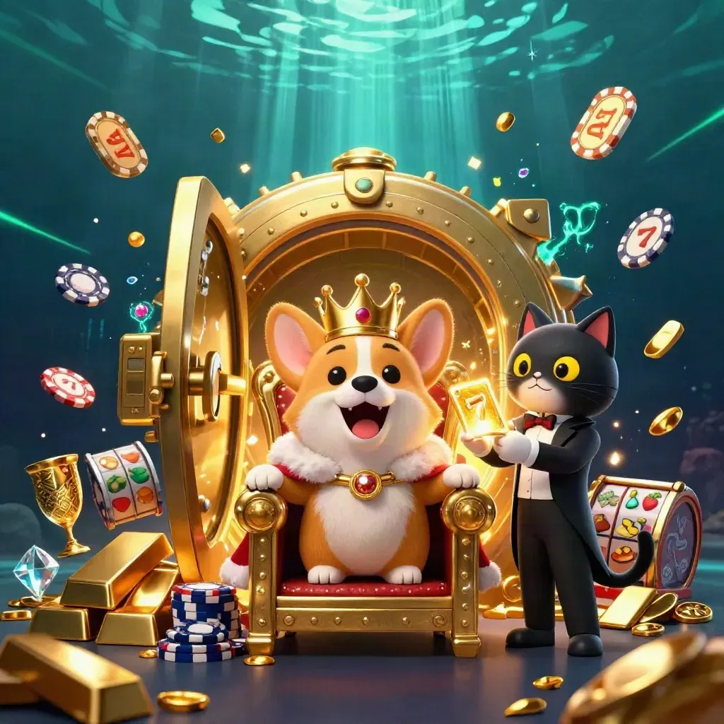 Royal corgi king and cat butler in a gold vault burst with emerald casino neon and treasure.