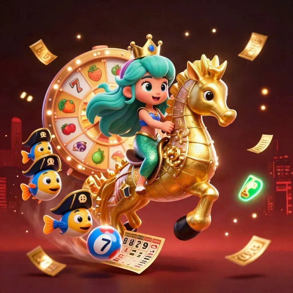 Mermaid princess on an armored seahorse amid pirate fish, lottery balls, prize wheel and gold confetti.