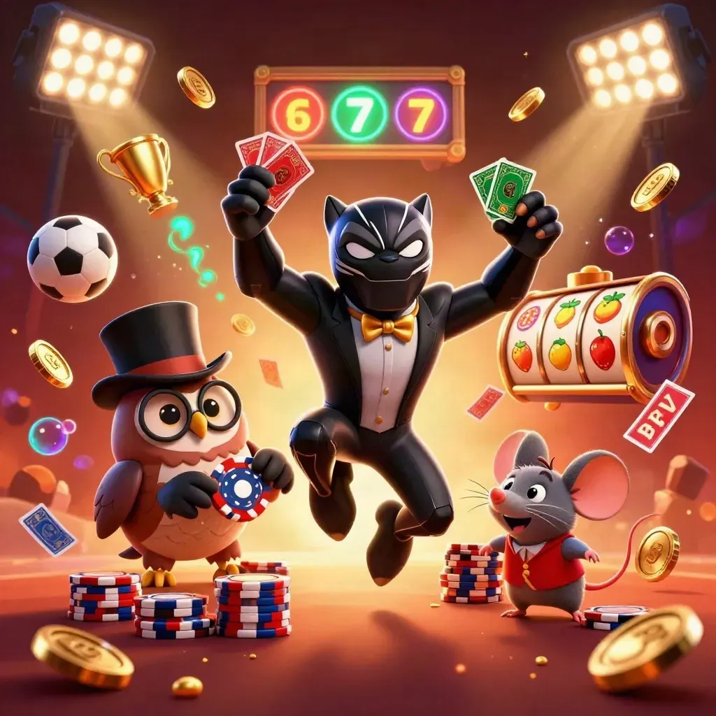 Panther, owl, and mouse casino heroes amid chips, coins, balls, and neon glow