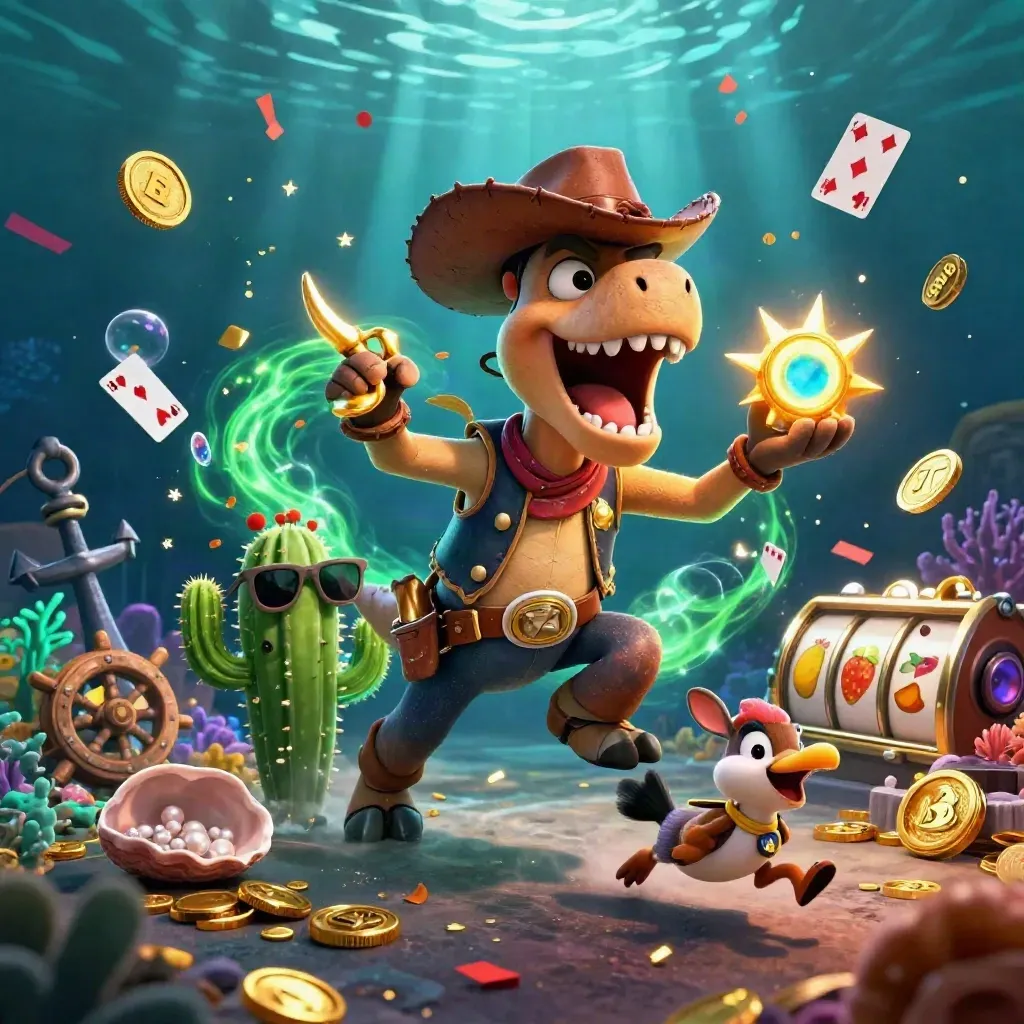 Cowboy T-Rex, cactus sidekick, and sheriff roadrunner in an underwater treasure burst