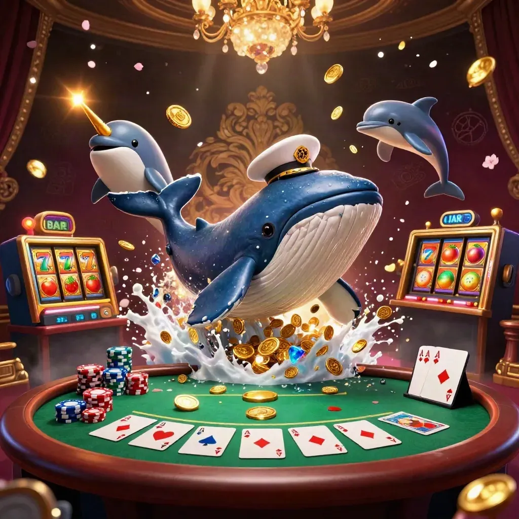 Whale captain, narwhal, and dolphins burst through coins with casino props and neon gold luxury.