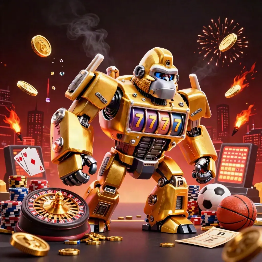 Golden gorilla mech with monkey pilot amid coin rain, roulette, chips, and fireworks.