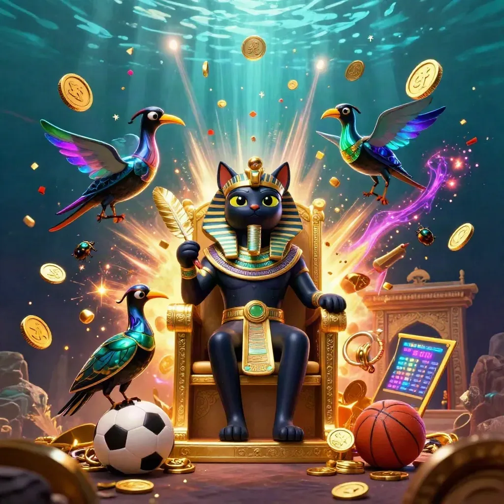 Pharaoh cat, ibis scribe, and scarab beetles amid gold coins, fireworks, and neon casino chaos.
