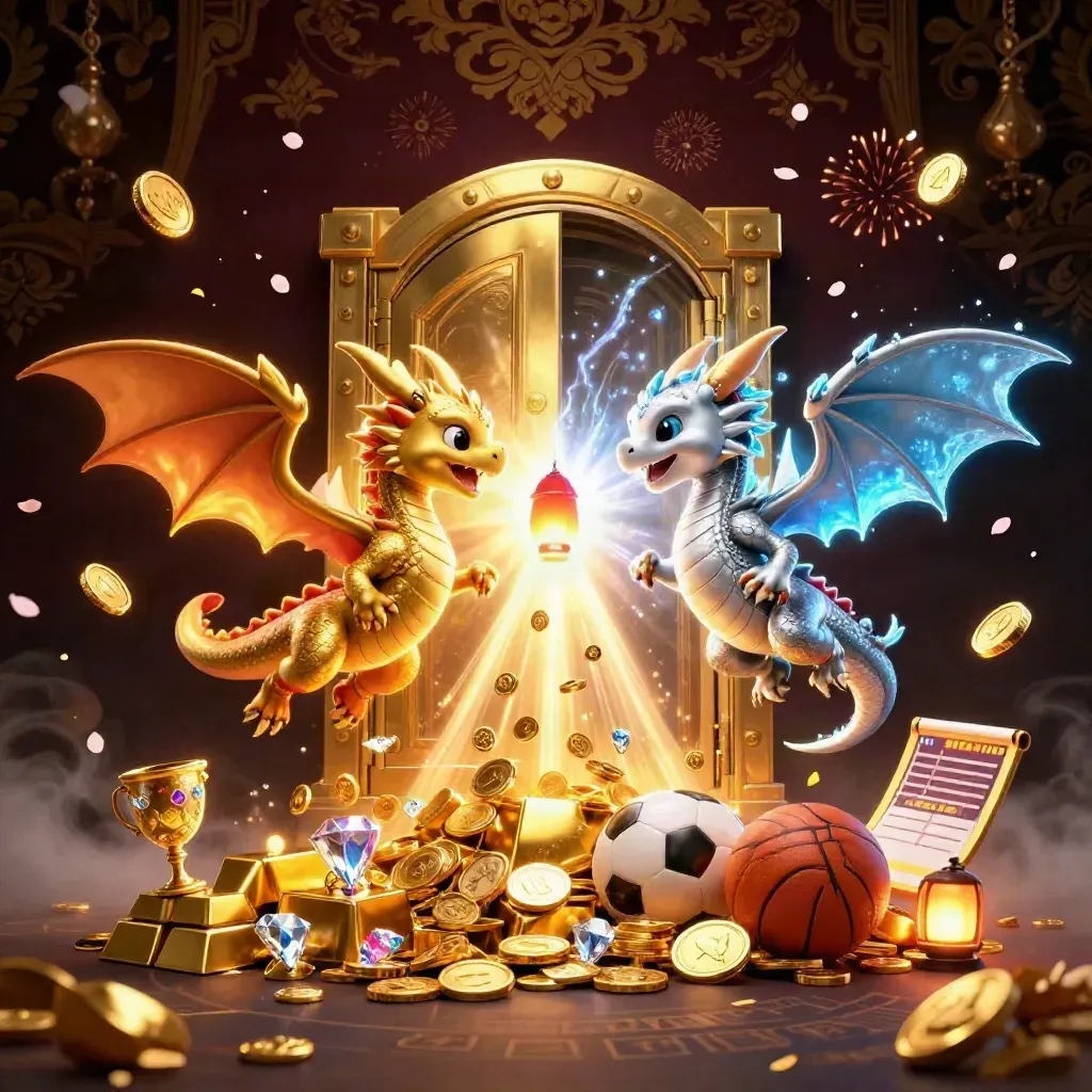 Twin gold and silver dragons burst from a vault with coins, gems, and fireworks.