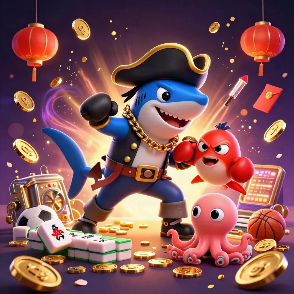 Pirate shark, boxing pufferfish, and juggling octopus amid coin bursts, lanterns, fireworks, and sports props.