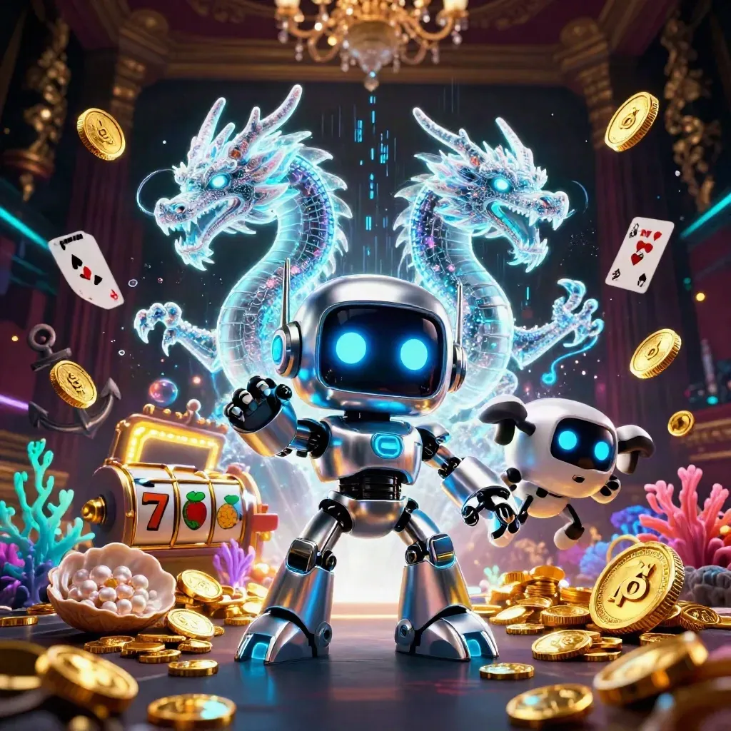 Cyberpunk robot, holographic dragon, and coin drone over treasure cove with casino effects