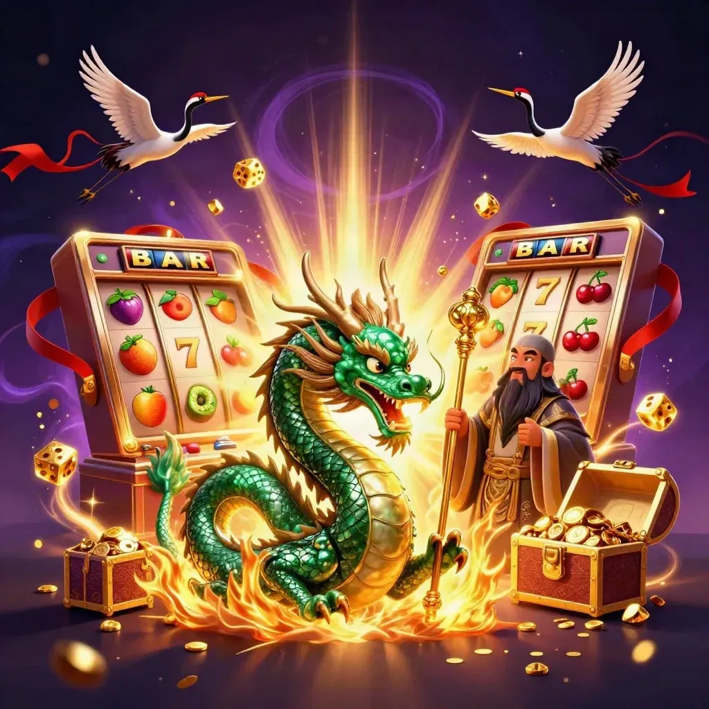 Emerald dragon, turtle sage, and ribboned cranes amid slot bursts, gold fire, and casino loot.