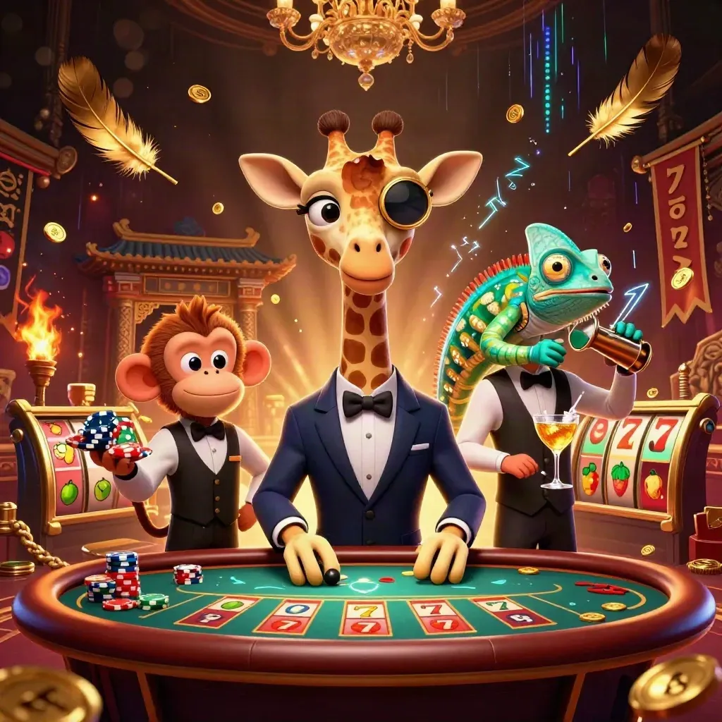 High-roller giraffe, monkey valet, and chameleon bartender amid neon casino gold and ember effects.