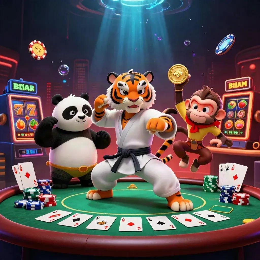 Tiger, panda, and monkey in a neon casino kung-fu scene with chips, cards, and reels.