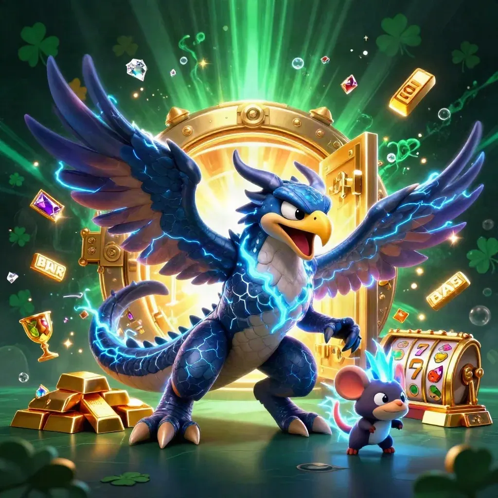 Thunder dragon, glowing hawk and crackling mouse amid gold vault loot and neon casino sparks