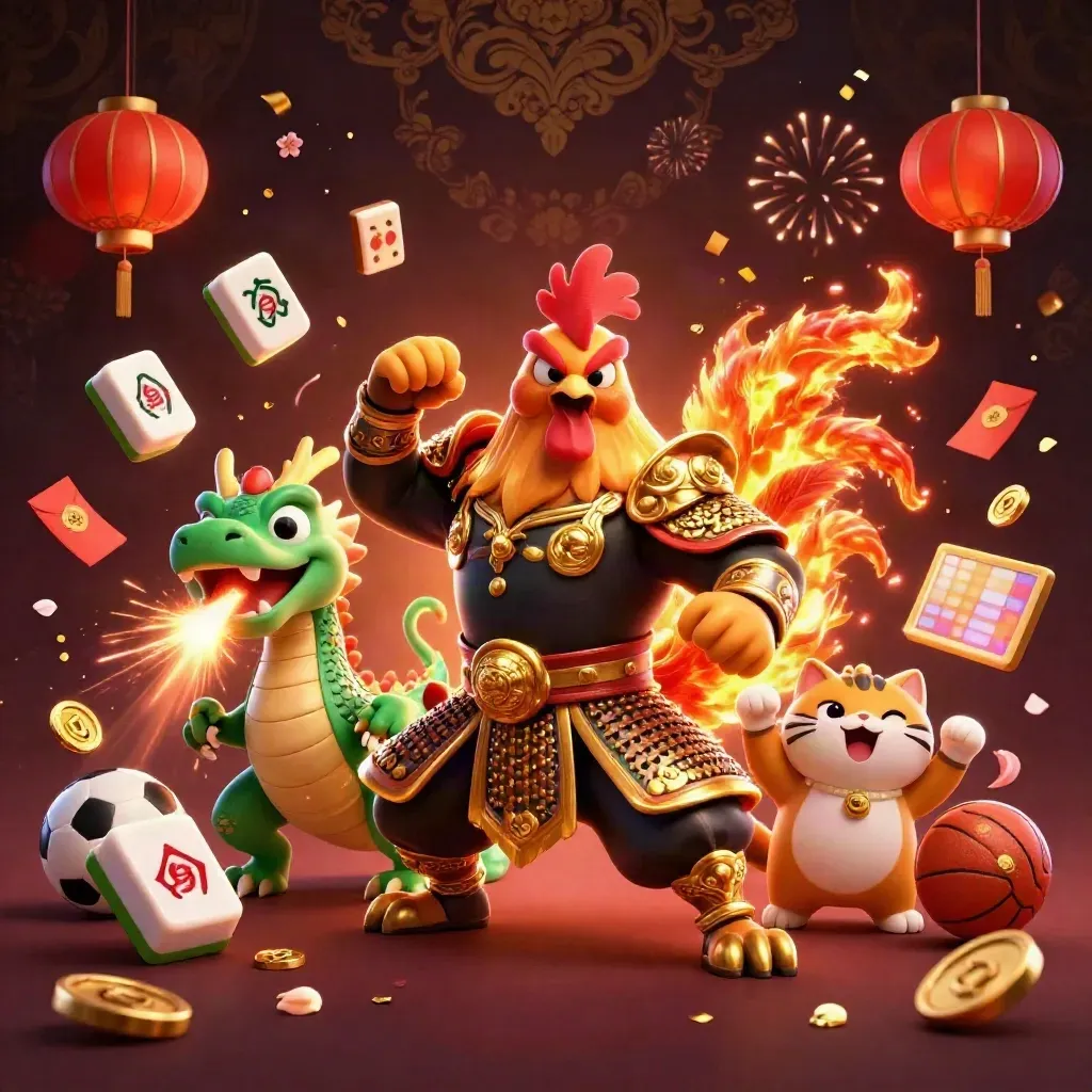 Three casino mascots amid gold sparks, jade coins, lanterns, and neon casino energy.
