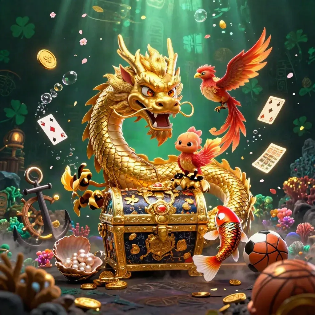 Golden dragon, phoenix and koi with casino treasures in a neon emerald cove