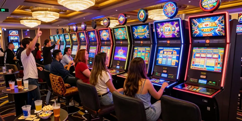 A vibrant casino scene featuring friends around a slot machine, embodying excitement and fun with akunjp.