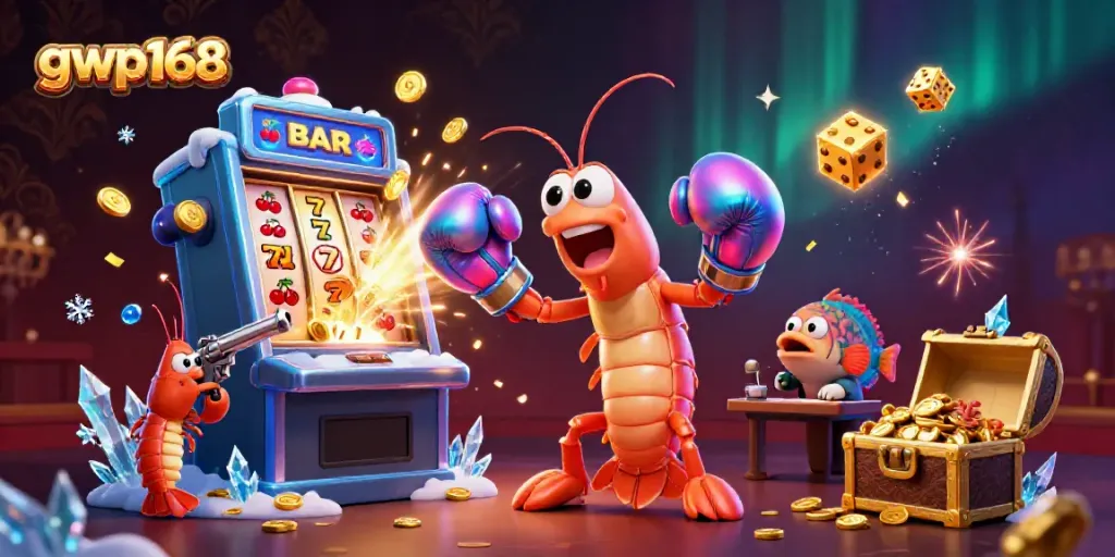 Permainan slot gwp168 dikelilingi oleh karakter udang mantis dan elemen kasino yang menarik.