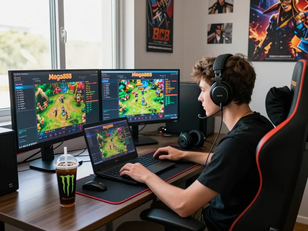 Excited gamer maximizing free credit Mega888 at a modern gaming desk with promotional offers displayed on dual monitors.