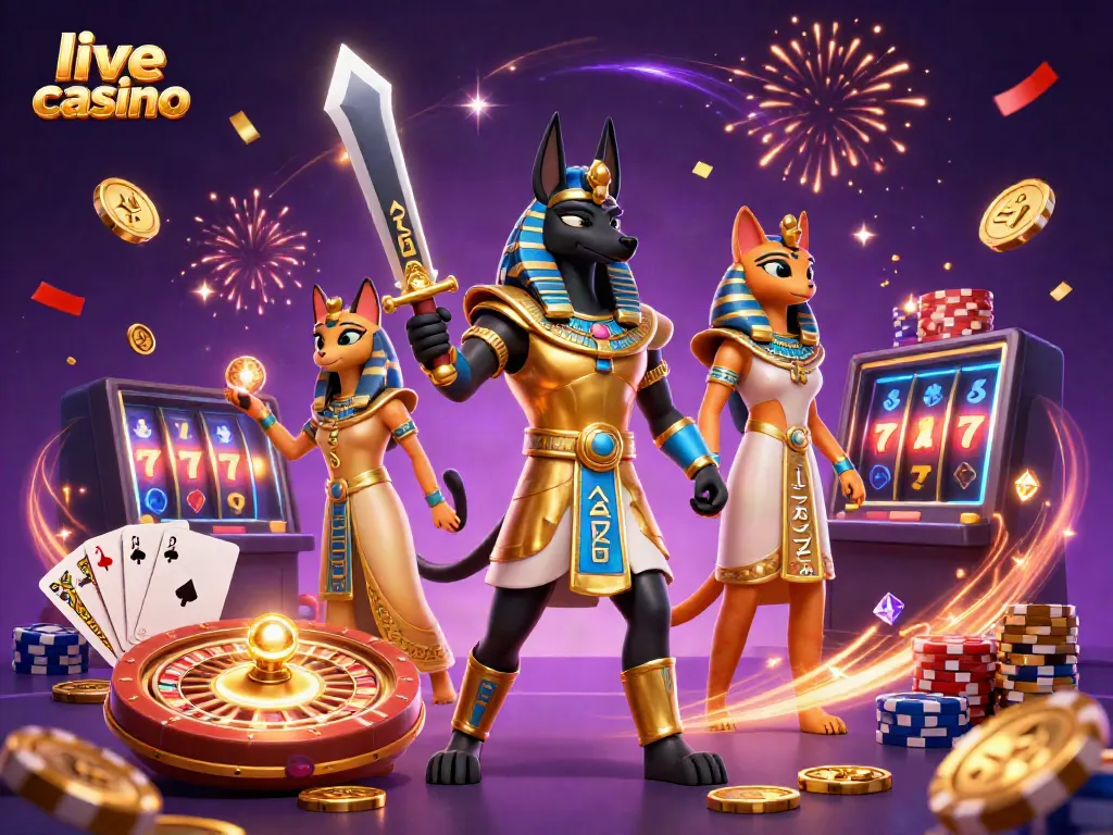 Pengalaman bermain live casino dengan Anubis dan Bastet dikelilingi koin emas dan permainan roulette.