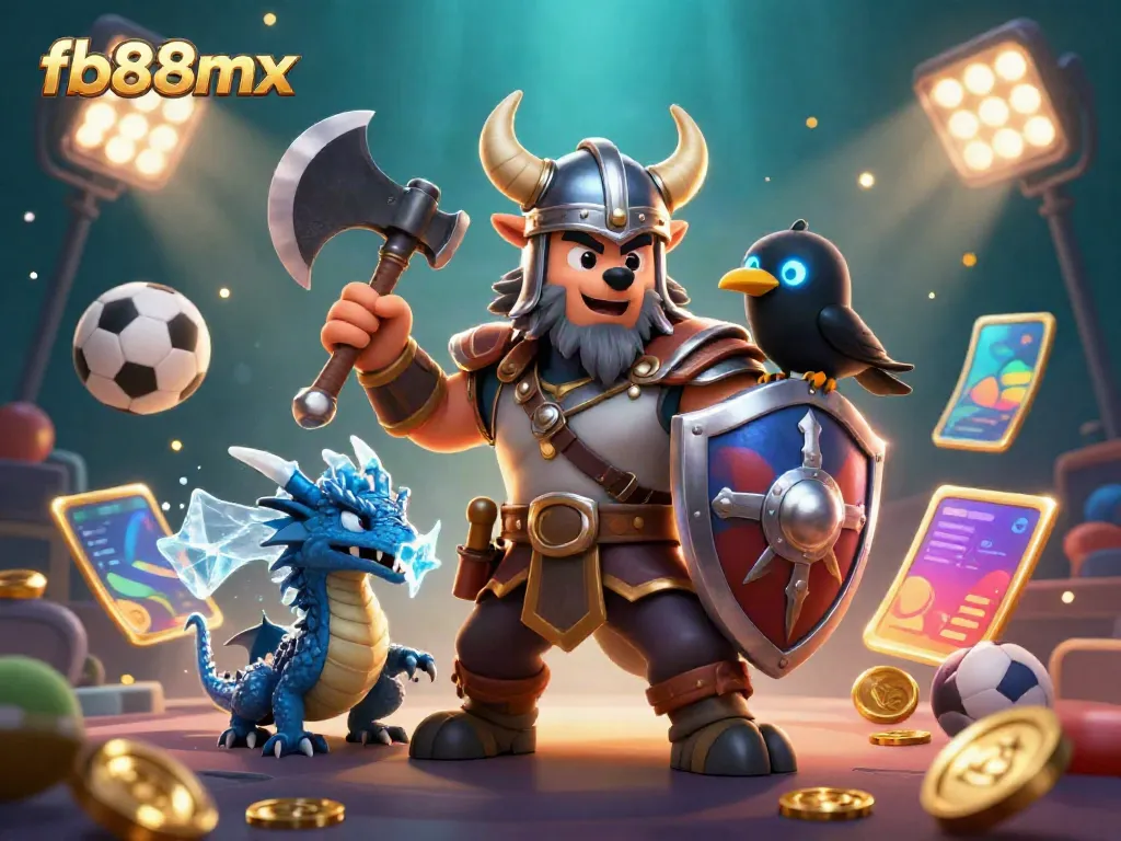 Experience excitement with fb88mx, showcasing a Viking wolf warrior and dragon in a dynamic casino scene.